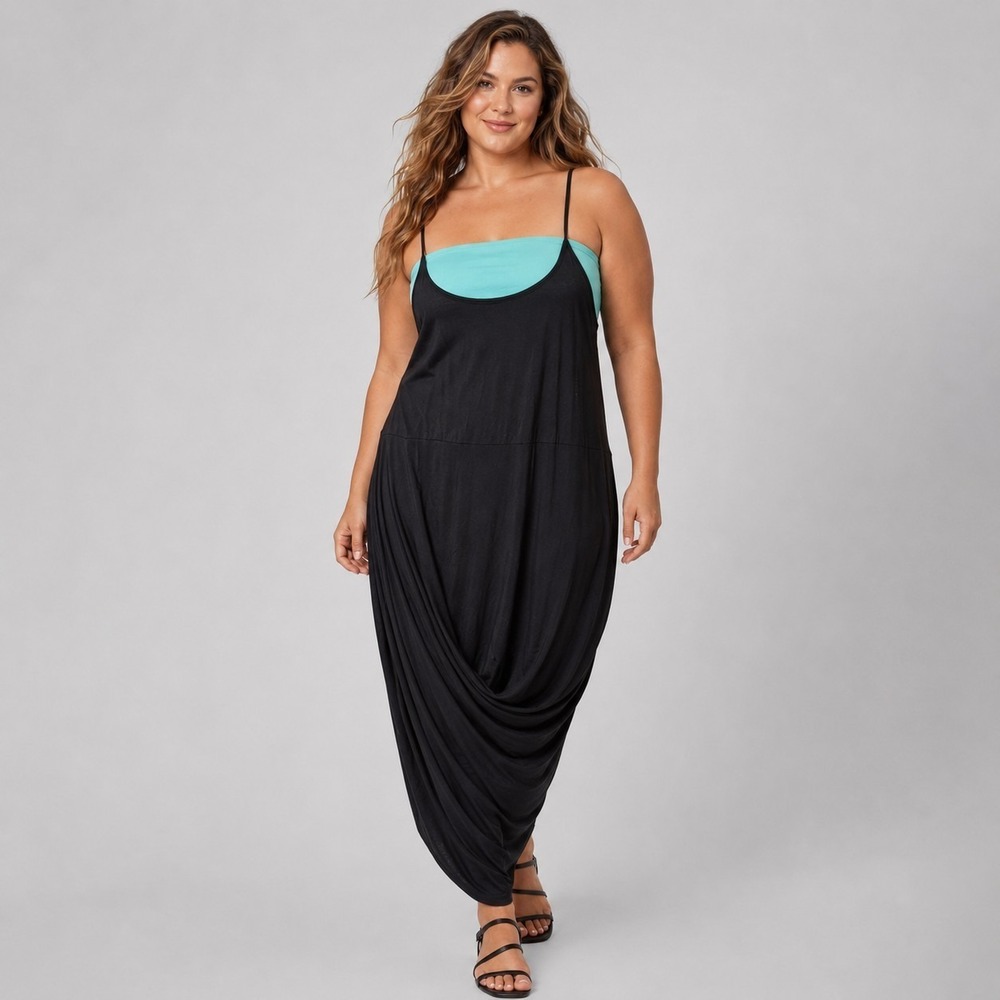 BONGO 1X Black Harem-Style Racerback Scoop Neck Spaghetti Strap Tank Dress NWT